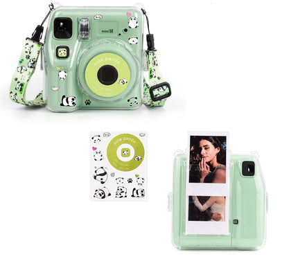 Clear Case for Fujifilm Instax Mini SE Instant Camera | Hard PC Cover with Film Pocket + Cute Sticker & Removable Strap | Green
