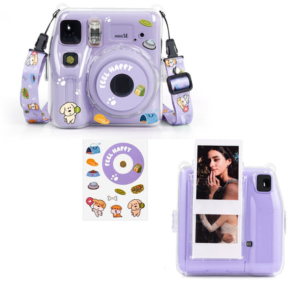 Clear Case for Fujifilm Instax Mini SE Instant Camera | Hard PC Cover with Film Pocket + Cute Sticker & Removable Strap | Purple