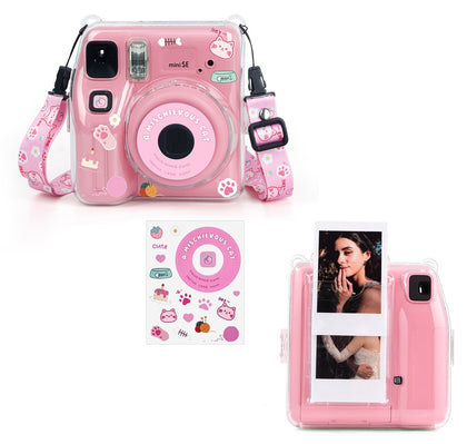 Clear Case for Fujifilm Instax Mini SE Instant Camera | Hard PC Cover with Film Pocket + Cute Sticker & Removable Strap | Pink