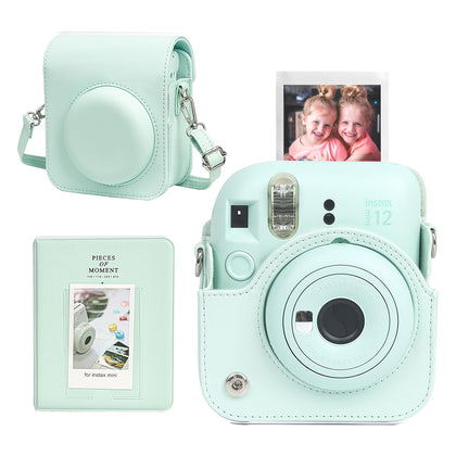 Protective Case for Fujifilm Instax Mini 12 Instant Camera| PU Leather Camera Carrying Bag Cover with Adjustable Shoulder Strap With Mini Photo Album 64 Pockets | Mint Green