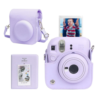 Protective Case for Fujifilm Instax Mini 12 Instant Camera| PU Leather Camera Carrying Bag Cover with Adjustable Shoulder Strap With Mini Photo Album 64 Pockets | Purple