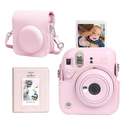 Protective Case for Fujifilm Instax Mini 12 Instant Camera| PU Leather Camera Carrying Bag Cover with Adjustable Shoulder Strap With Mini Photo Album 64 Pockets | Pink