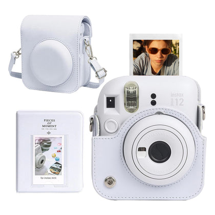 Protective Case for Fujifilm Instax Mini 12 Instant Camera| PU Leather Camera Carrying Bag Cover with Adjustable Shoulder Strap With Mini Photo Album 64 Pockets | White
