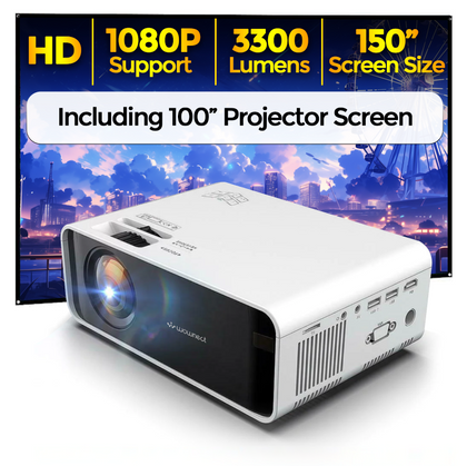 Mini Projector | 3300 Lumens Native Res 1280x720P | Including 100 Inch Projector Screen | Supports 1080P Video Projector | Included 100inch Projector Screen