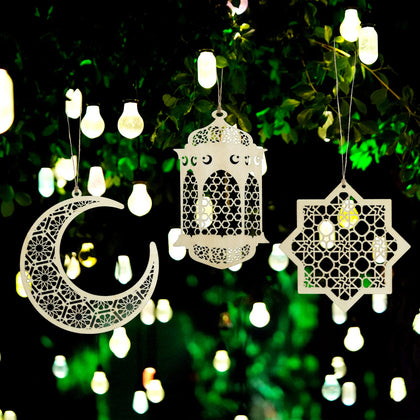 Ramadan Kareem Wooden Ornaments Pendant Decoration Moon Lantern Light Mubarak Eid Hanging Ornament for Ramadan Mubarak Eid Decorations