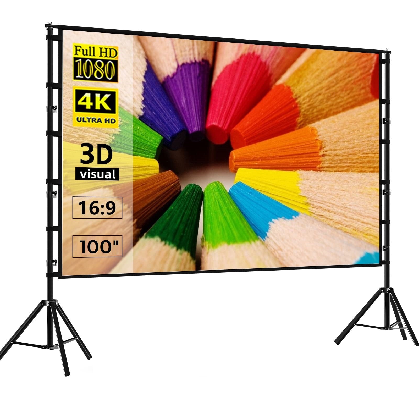 Projector Screen with Stand |  16:9 HD 4K Wrinkle-Free Outdoor Movies Screen with Carrying Bag | Portable Indoor Outdoor Projection Screen