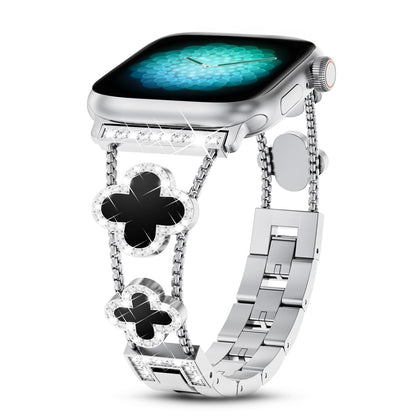 Metal Watch Band For Apple Watch 40mm 41mm 38mm , Cute 4 Leaf Clover Dressy Designer- Silver & Black