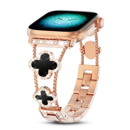 Metal Watch Band For Apple Watch 40mm 41mm 38mm , Cute 4 Leaf Clover Dressy Designer- Rose Gold/Black