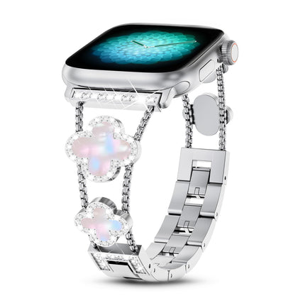 Metal Watch Band For Apple Watch 40mm 41mm 38mm , Cute 4 Leaf Clover Dressy Designer- Silver