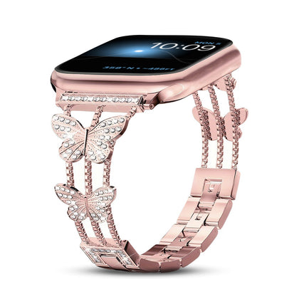 Diamond Metal Watch Band For Apple Watch 40mm 41mm 38mm , Bling Butterfly Women Bracelet -Rose Pink