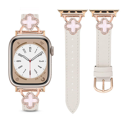 Leather Band For Apple Watch 38mm 40mm 41mm , Slim Thin Dressy Diamond Four Leaf Clover Bling Cute Straps -Beige