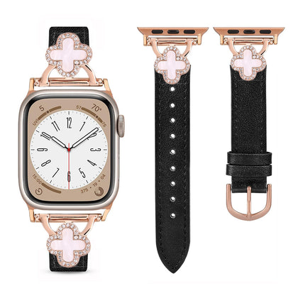 Leather Band For Apple Watch 38mm 40mm 41mm , Slim Thin Dressy Diamond Four Leaf Clover Bling Cute Straps -Black