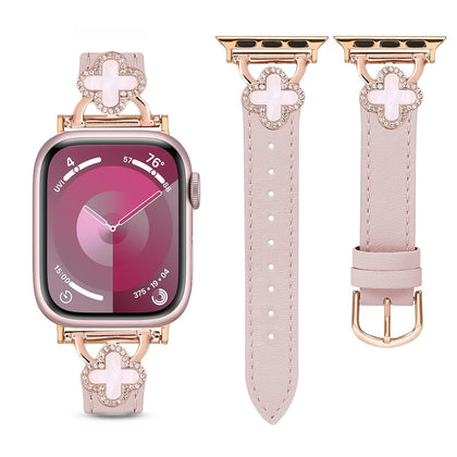 Leather Band For Apple Watch 38mm 40mm 41mm , Slim Thin Dressy Diamond Four Leaf Clover Bling Cute Straps -Light Pink