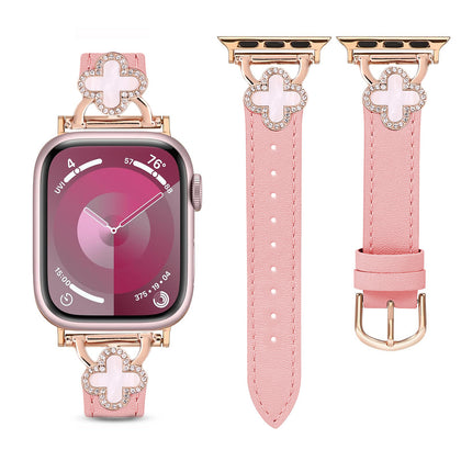 Leather Band For Apple Watch 38mm 40mm 41mm , Slim Thin Dressy Diamond Four Leaf Clover Bling Cute Straps - Pink