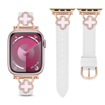 Leather Band For Apple Watch 38mm 40mm 41mm , Slim Thin Dressy Diamond Four Leaf Clover Bling Cute Straps -White