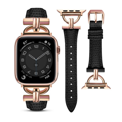 Leather Band For Apple Watch 38mm 40mm 41mm, Slim Leather Strap with D-Shape Rose Gold Metal Buckle - Black