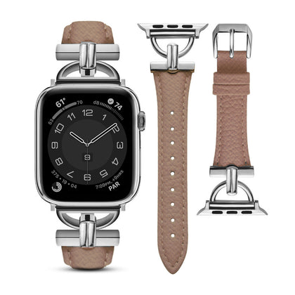 Leather Band For Apple Watch 38mm 40mm 41mm, Slim Leather Strap with D-Shape Rose Gold Metal Buckle - Light Brown