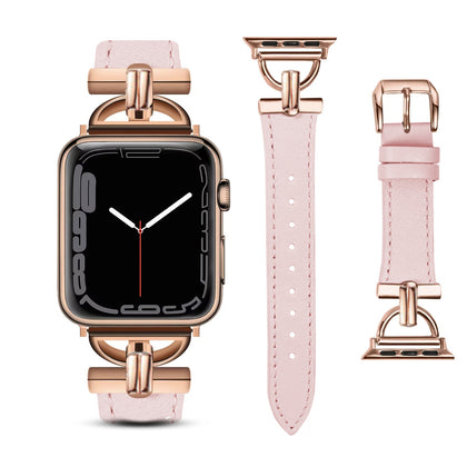 Leather Band For Apple Watch 38mm 40mm 41mm, Slim Leather Strap with D-Shape Rose Gold Metal Buckle - Light Pink