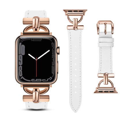 Leather Band For Apple Watch 38mm 40mm 41mm, Slim Leather Strap with D-Shape Rose Gold Metal Buckle - Plain White