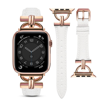 Leather Band For Apple Watch 38mm 40mm 41mm, Slim Leather Strap with D-Shape Rose Gold Metal Buckle - White