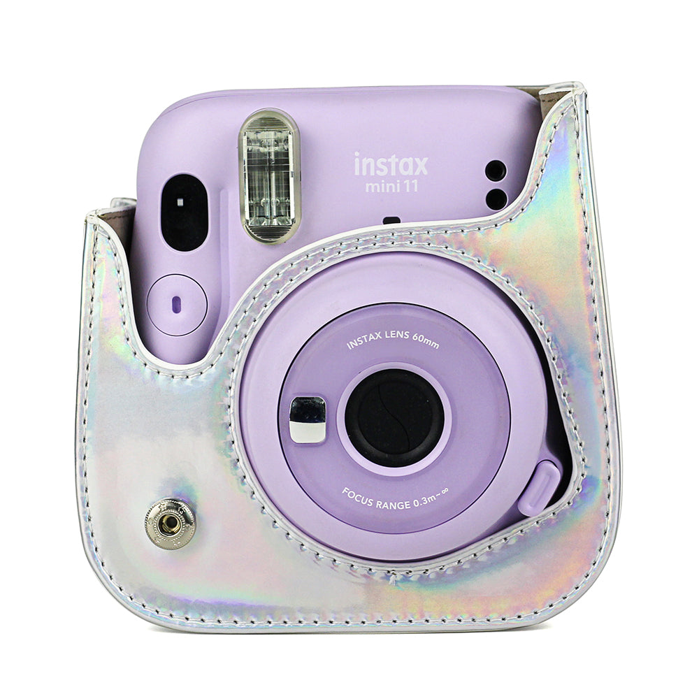 Holographic Case for Fujifilm Instax Mini 11 Case PU Leather Instant Camera Cover with Adjustable Strap Silver