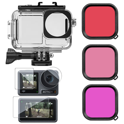 Waterproof Case Housing+ 3 Pack Filter and Tempered Glass Screen Protector for DJI OSMO Action 3 Action Camera Accessories
