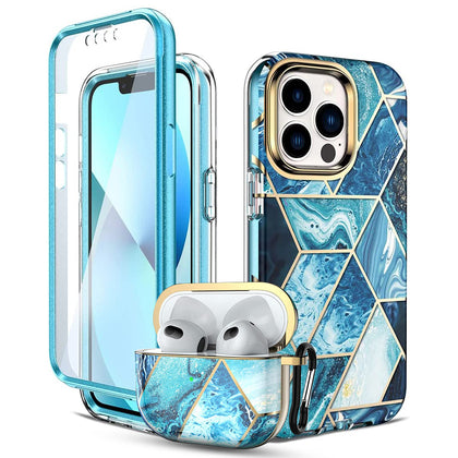 Apple iPhone 13 Pro Max Case+ Air Pods 3rd Generation Case | Marble Shockproof Bumper Stylish Slim Phone Cases | Blue