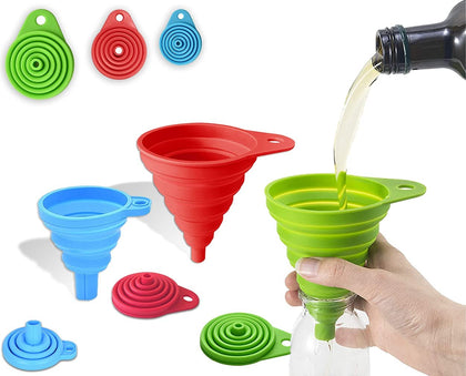 Silicone Collapsible Funnel Set Of 3 | Flexible Foldable & Portable Kitchen Gadget for Filling Bottle |Large, Medium and Small|– Green, Red, Blue