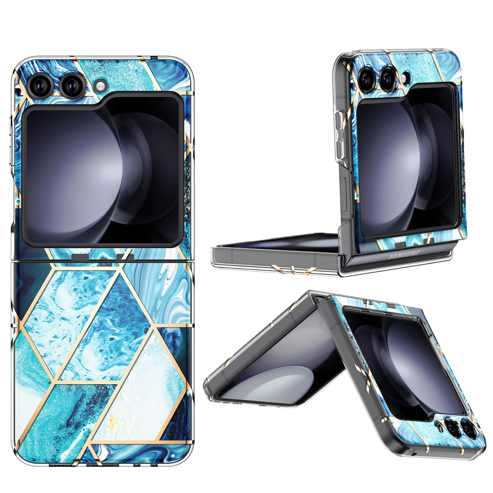 O Ozone - Case for Samsung Galaxy Z Flip 5 Full-Body Smooth Gloss Finish Marble Shockproof Bumper Stylish Cover (Blue)