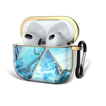 AirPods 3rd Generation 2021 Marble Case|Full Body Protective Cover with Keychain| Blue & Gold