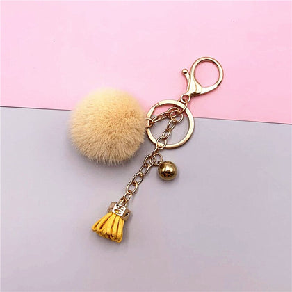 Pompoms Keychain Small Faux Fur Ball with Gold Plated Keyring |  Beige