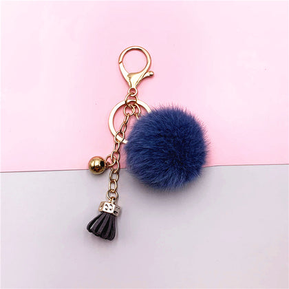 Pompoms Keychain Small Faux Fur Ball with Gold Plated Keyring |  Blue