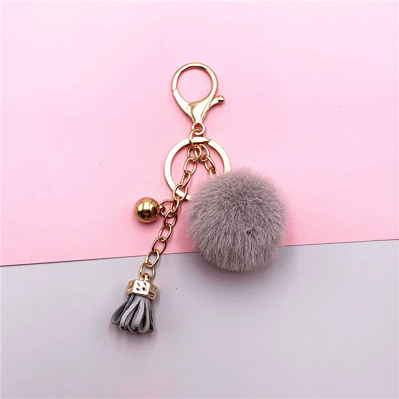 Pompoms Keychain Small Faux Fur Ball with Gold Plated Keyring |  Grey