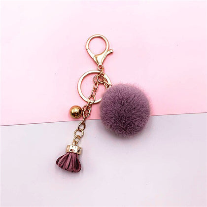 Pompoms Keychain Small Faux Fur Ball with Gold Plated Keyring |  Purple