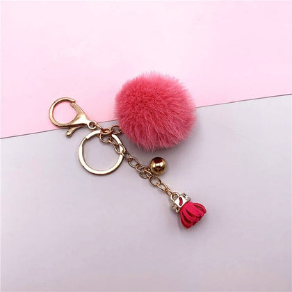 Pompoms Keychain Small Faux Fur Ball with Gold Plated Keyring |  Pink