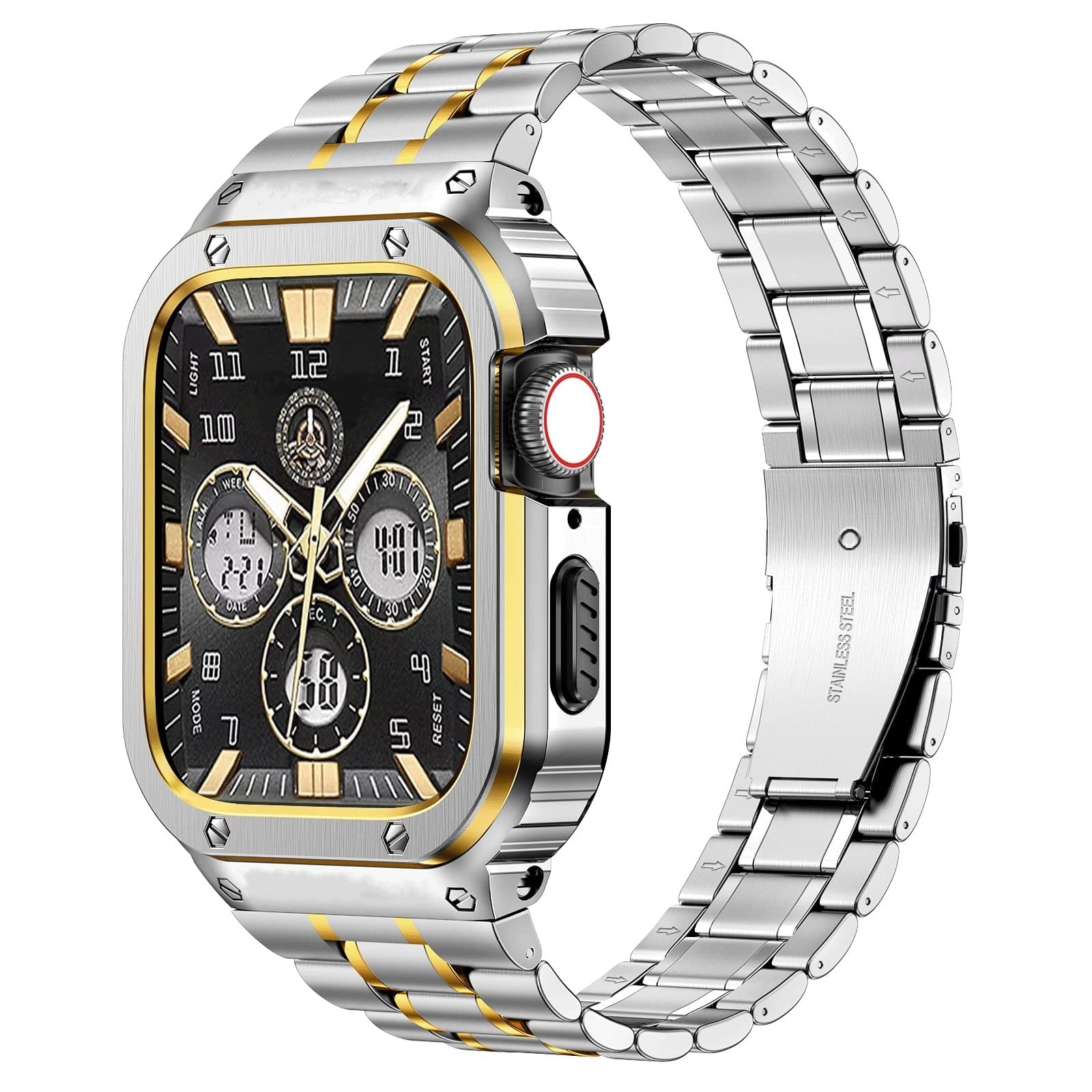 O Ozone - Stainless Steel Watch Band with Case Compatible with Apple Watch Series 9/8/7 (45mm)- Silver + Gold