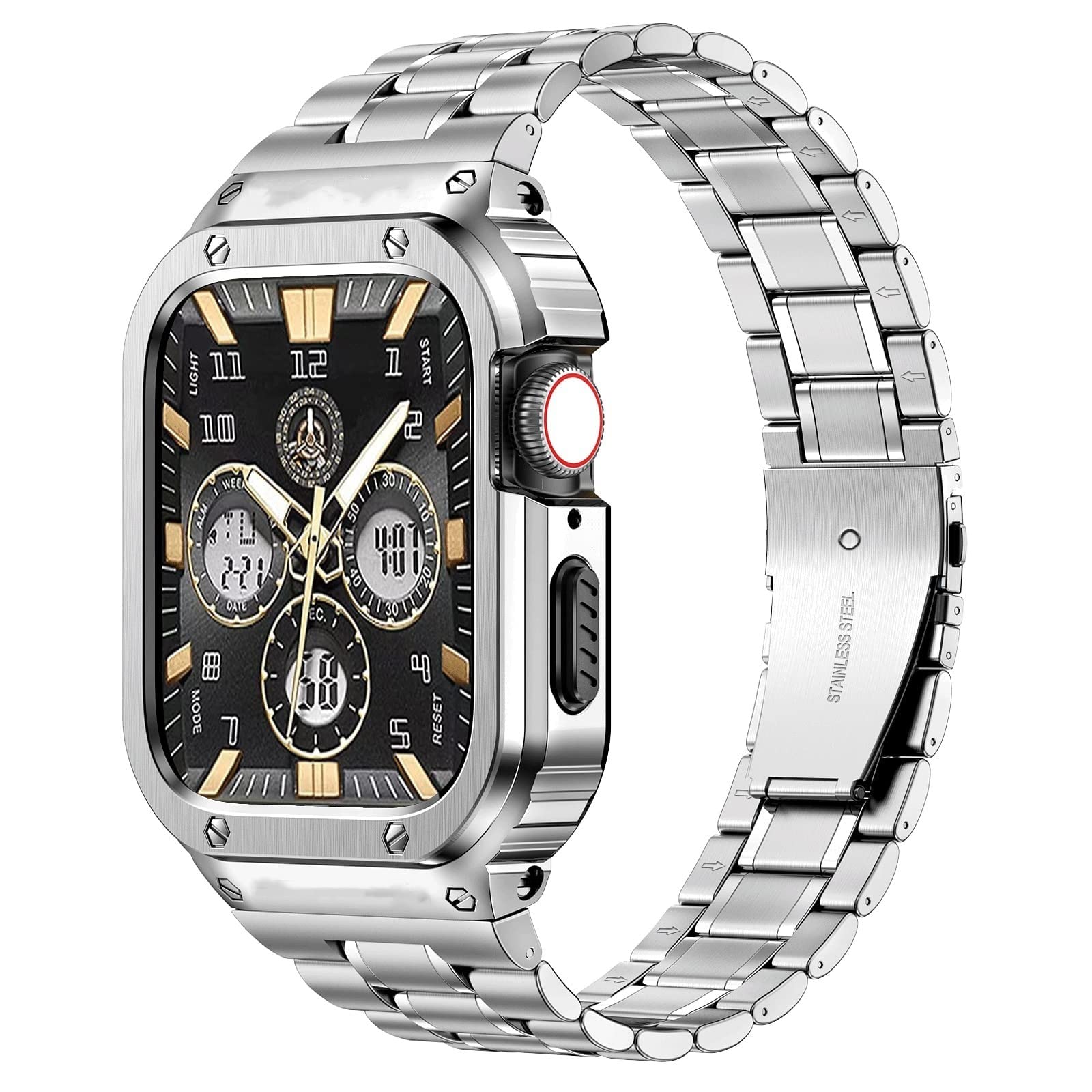 O Ozone - Stainless Steel Watch Band with Case Compatible with Apple Watch Series 9/8/7 (45mm) - Silver
