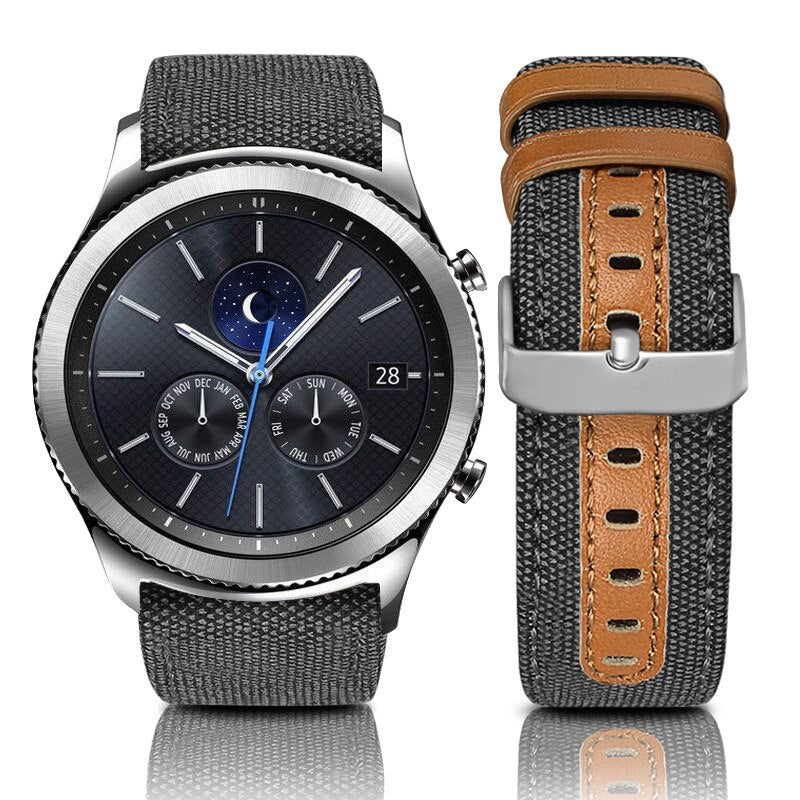 Samsung Galaxy Watch 3 45mm /46mm / Gear S3 Frontier / Classic / Watch GT 2 46mm | Leather Watch Band Canvas Pattern  | Black