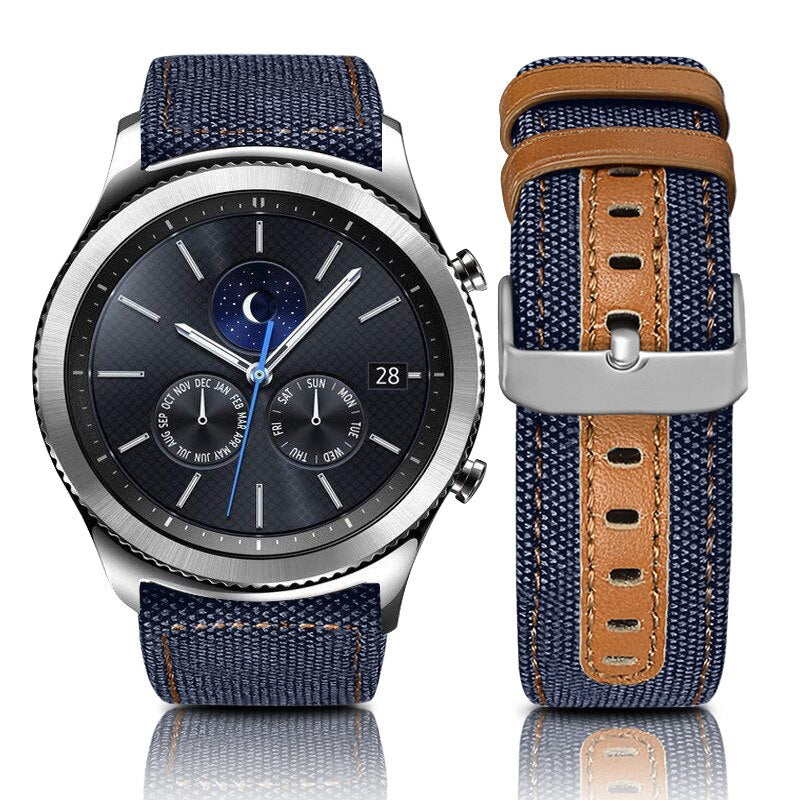 Samsung Galaxy Watch 3 45mm /46mm / Gear S3 Frontier / Classic / Watch GT 2 46mm | Leather Watch Band Canvas Pattern  | DARK DENIM