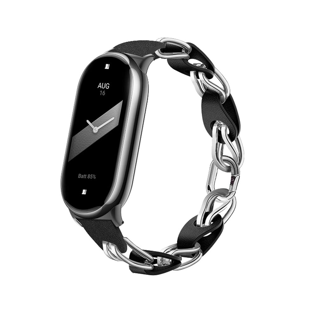 Xiaomi Mi Band 8 Stainless Steel Leather Ring Chain Belt | Silver
