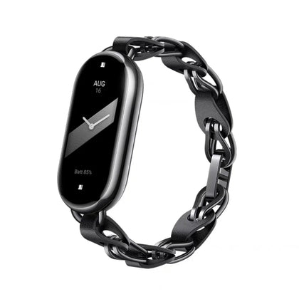 Xiaomi Mi Band 8 Stainless Steel Leather Ring Chain Belt | Black