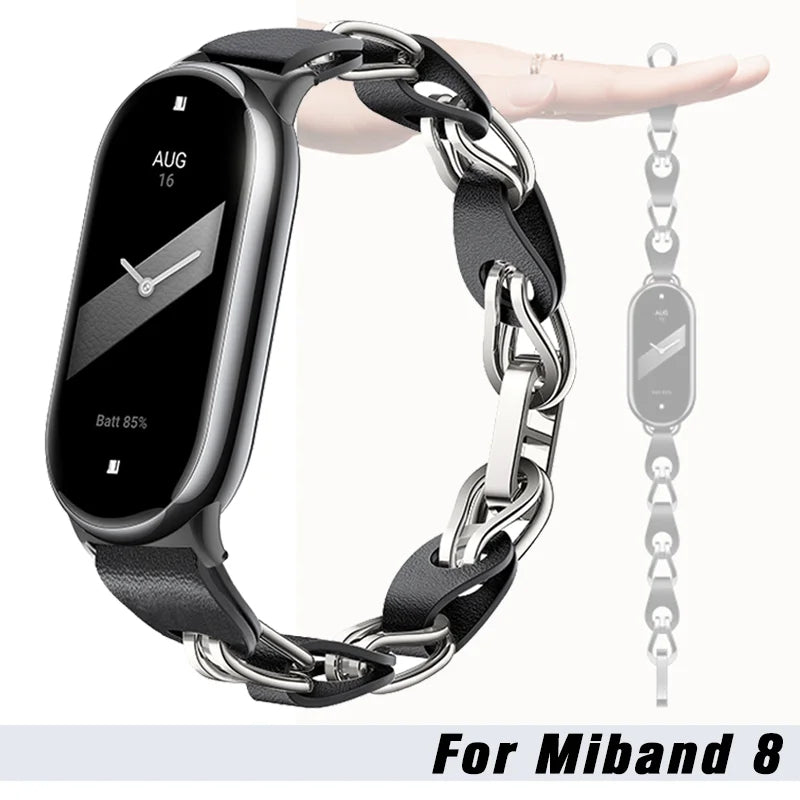 Xiaomi Mi Band 8 Stainless Steel Leather Ring Chain Belt | Silver & Black